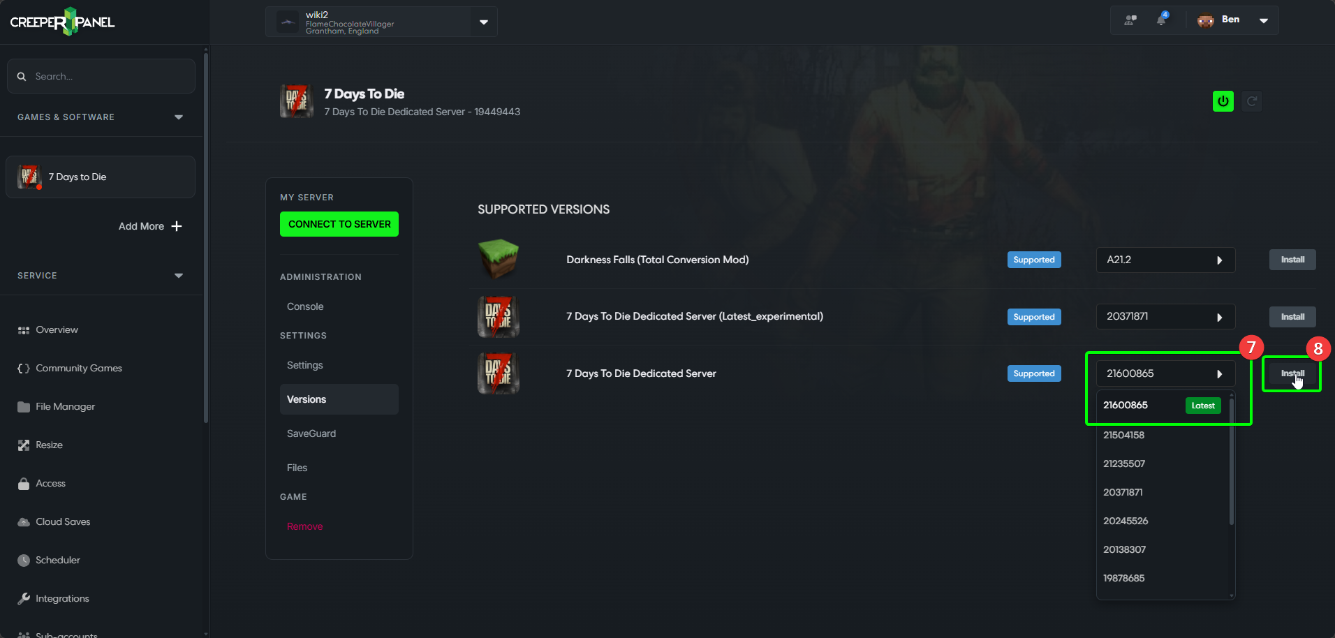 CreeperPanel 7DTD Create Instance