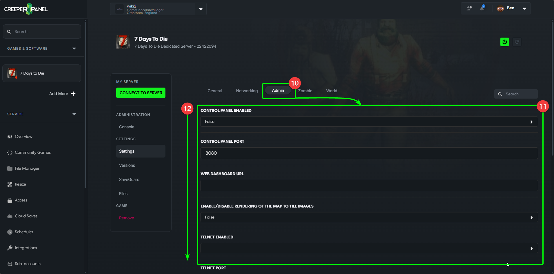 CreeperPanel 7DTD Settings
