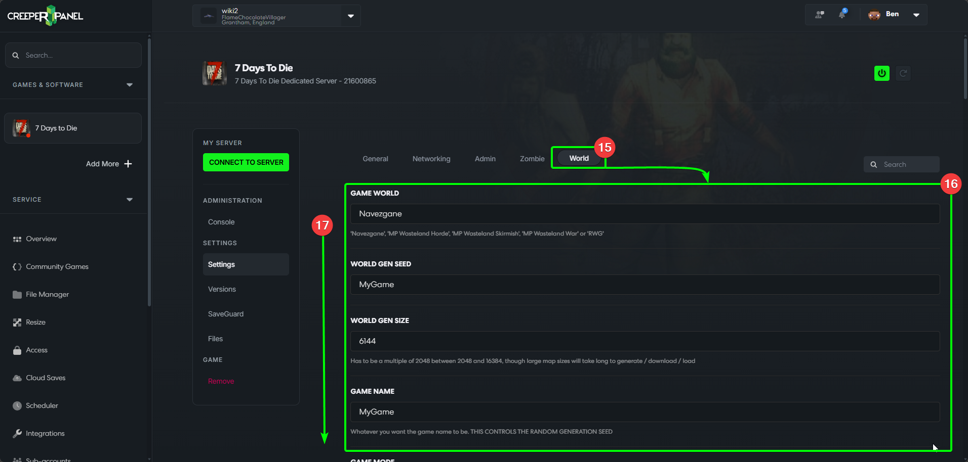 CreeperPanel 7DTD Settings