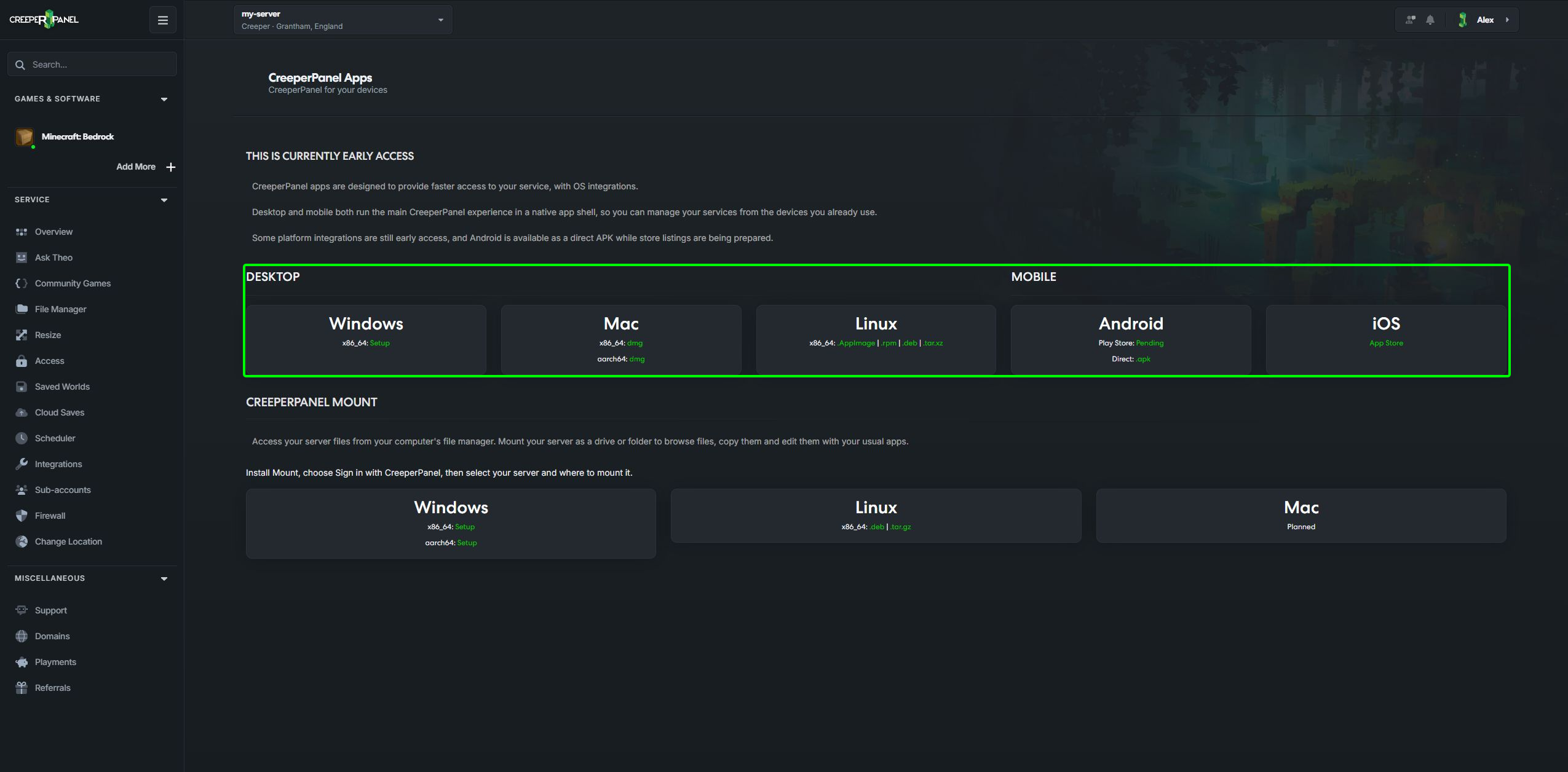 CreeperPanel app downloads with Windows, Linux and Android highlighted