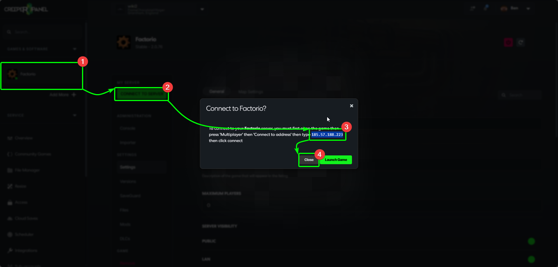 CreeperPanel Factorio Connect