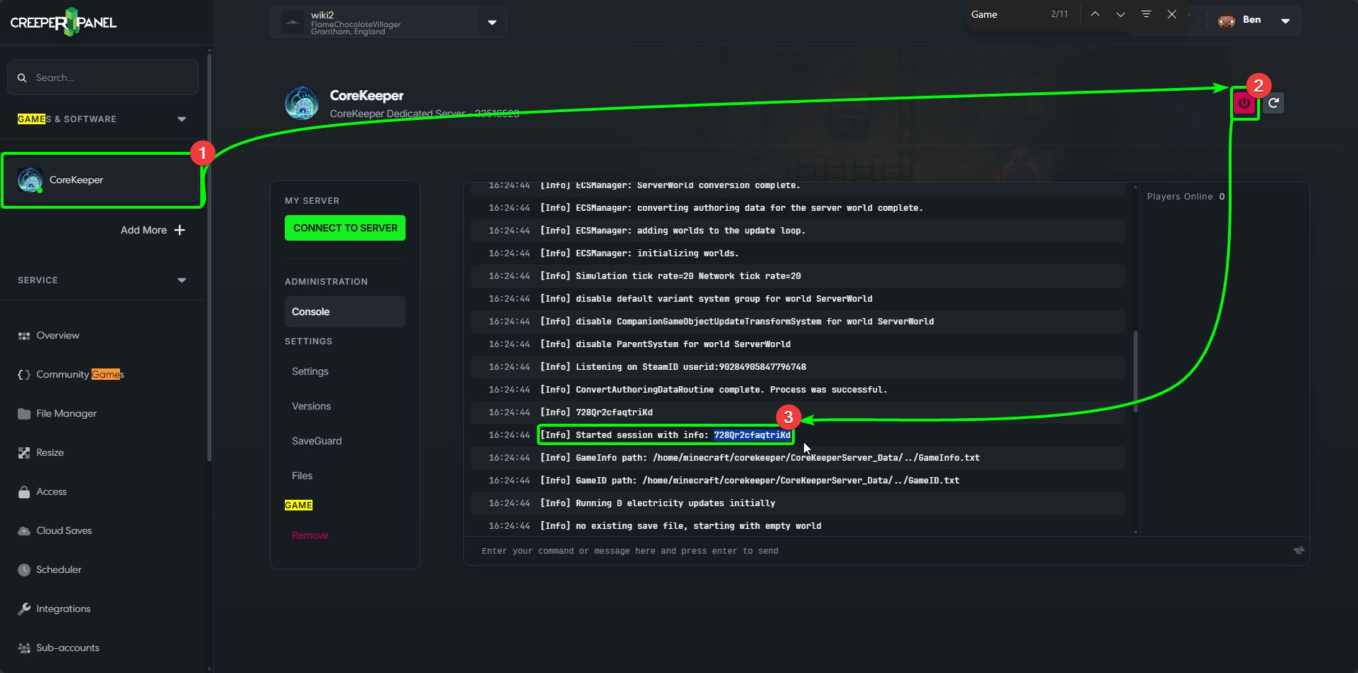 CreeperPanel CoreKeeper Connect GameID