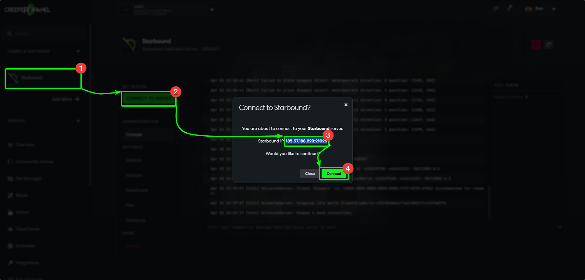 CreeperPanel Starbound Connect