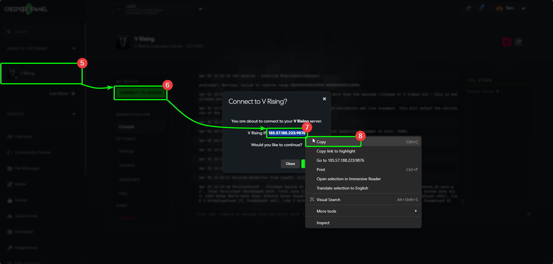 CreeperPanel VRising Connect