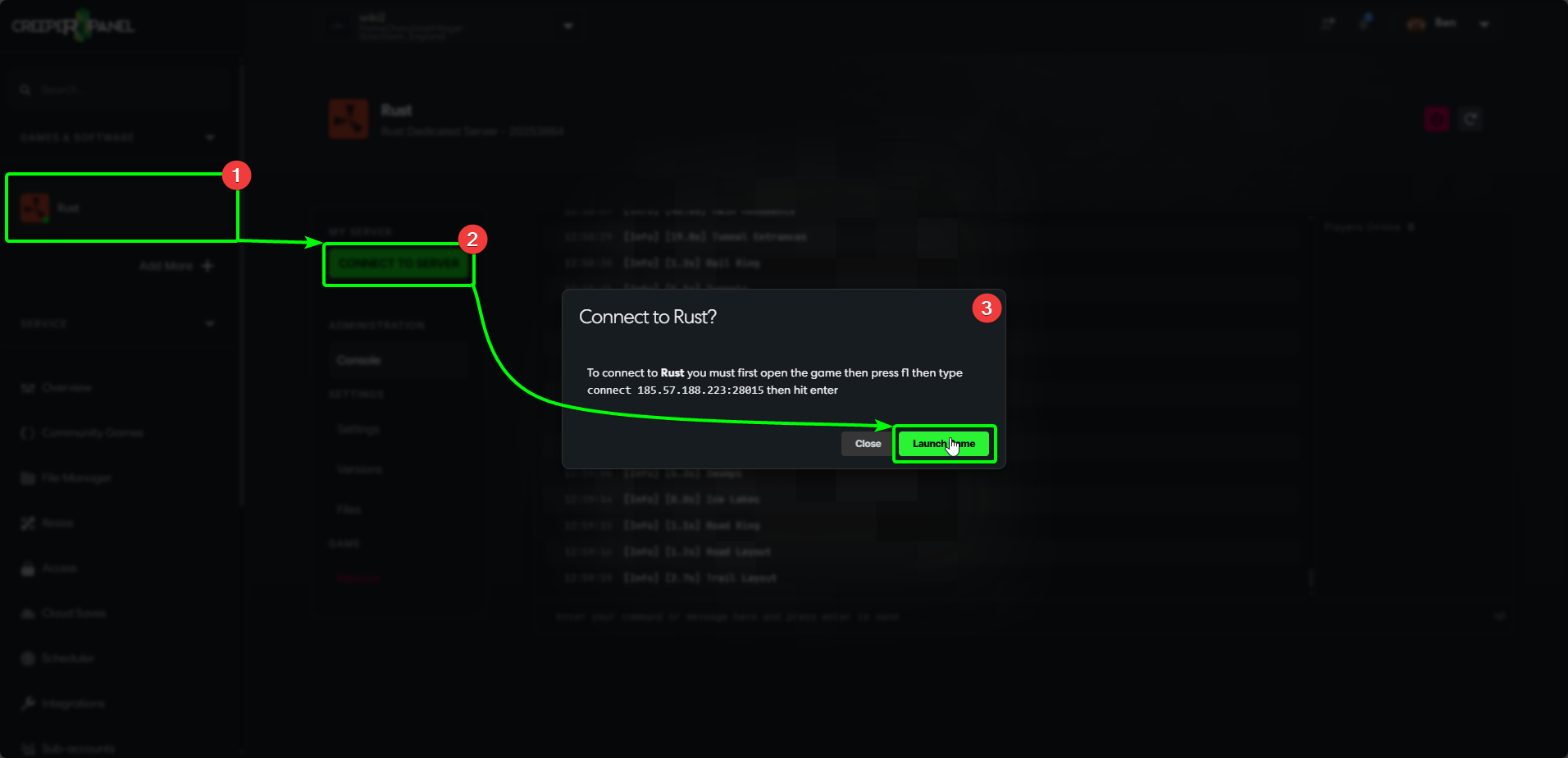 CreeperPanel Rust Connect to Server