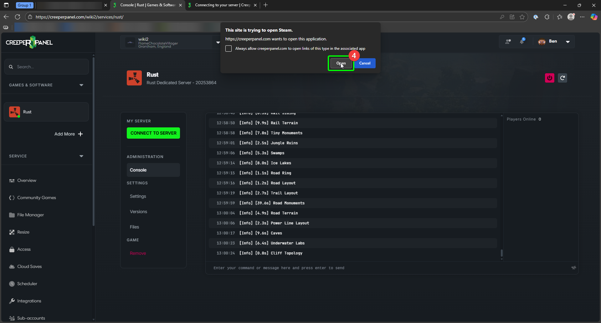 CreeperPanel Rust Connect to Server