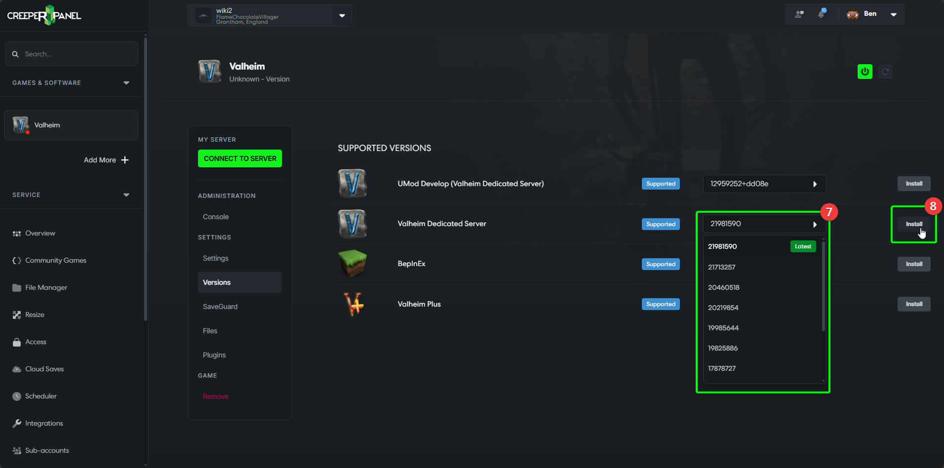 CreeperPanel Valheim Create Instance