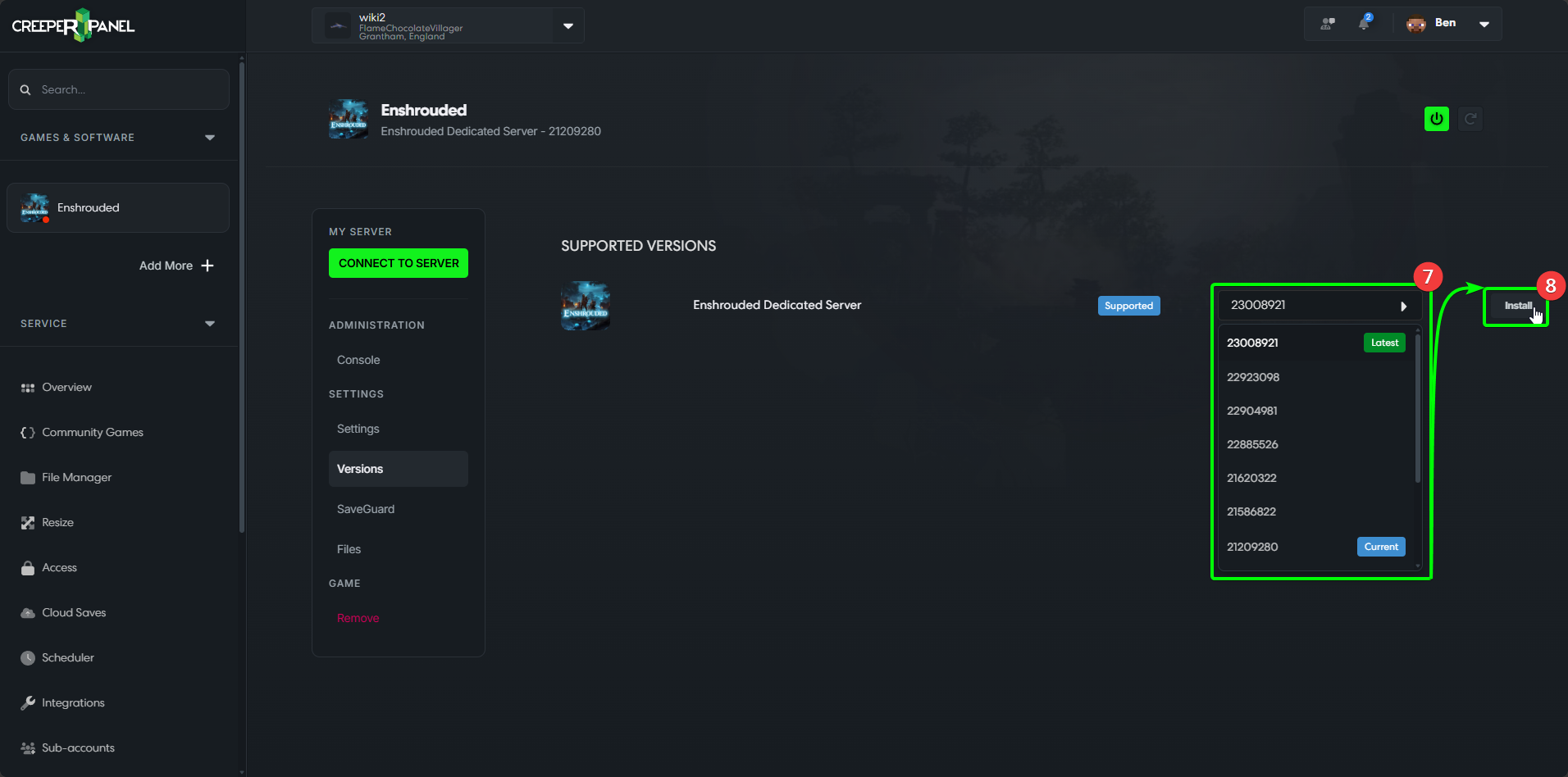 CreeperPanel Enshrouded Install Version Select