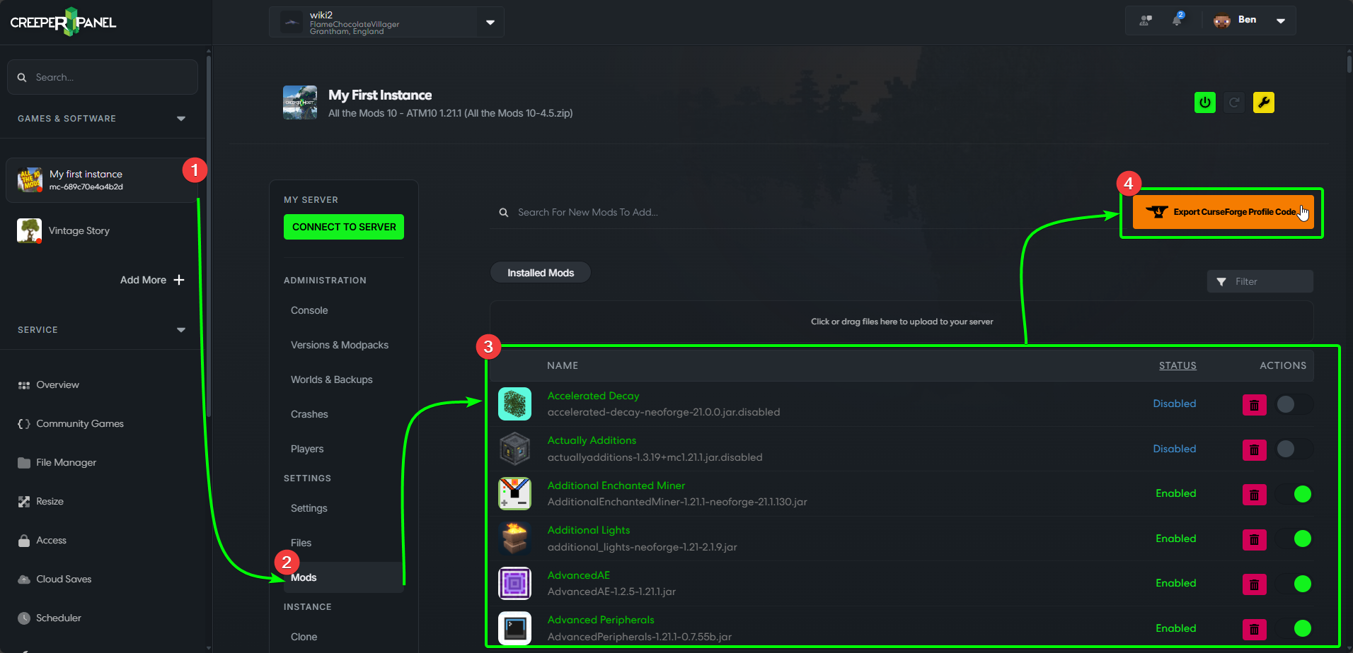 CreeperPanel CurseForge Profile Export