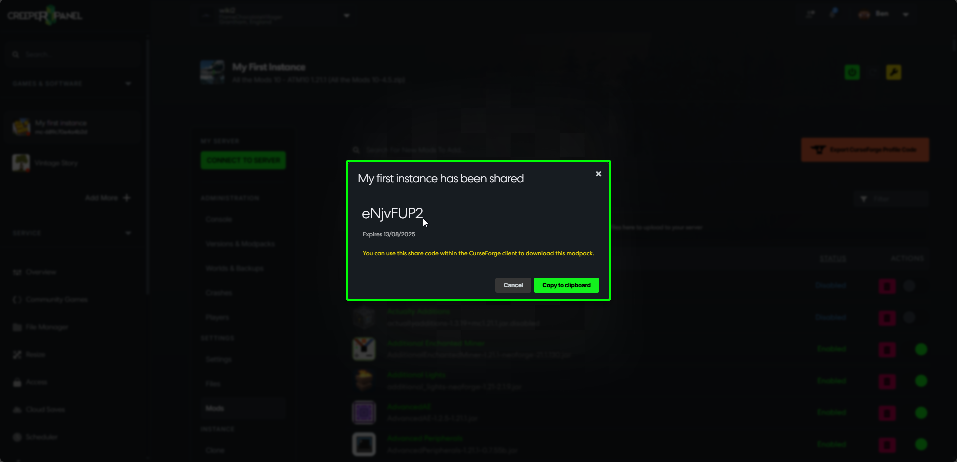 CreeperPanel CurseForge Profile Export