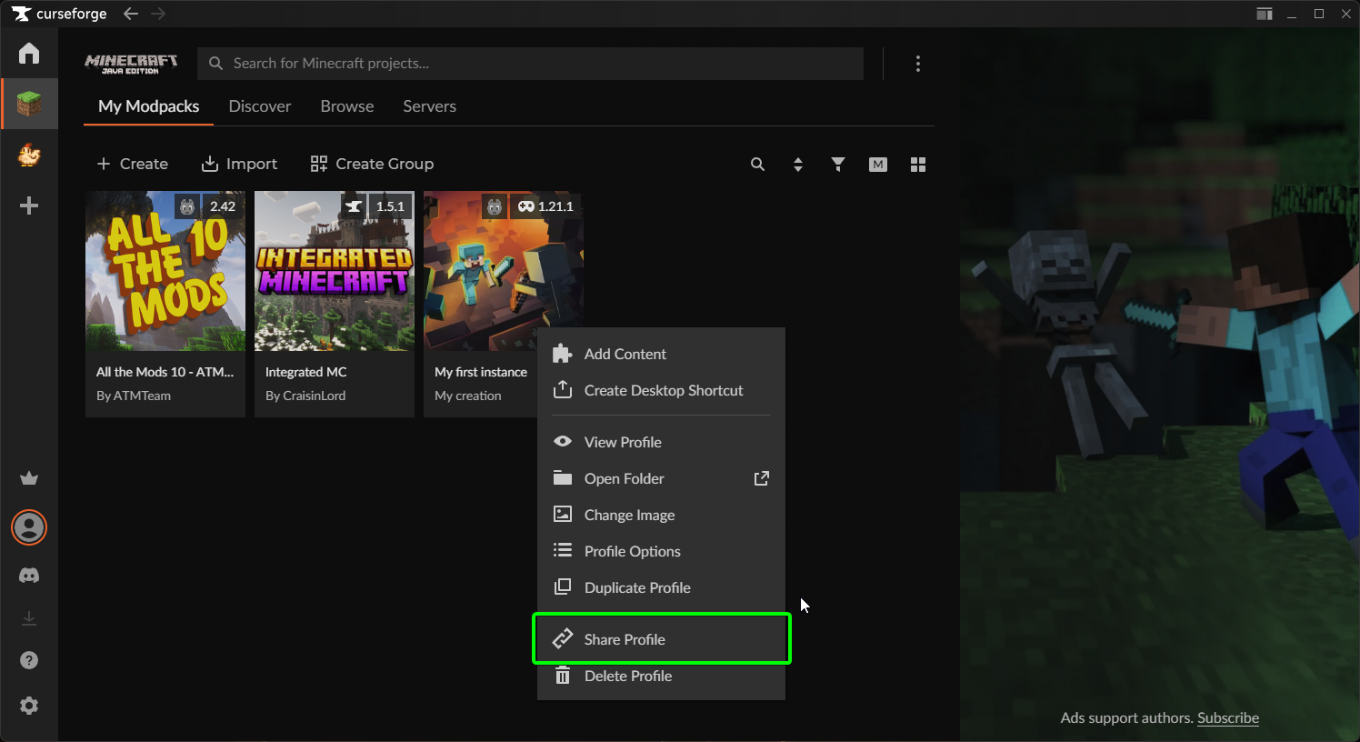CreeperPanel CurseForge Profile Import