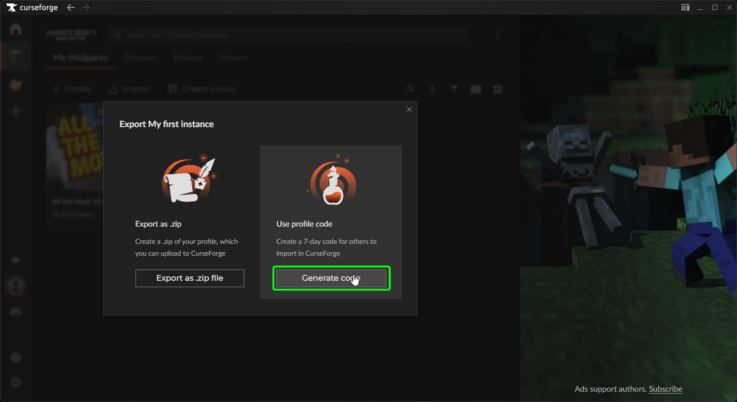 CreeperPanel CurseForge Profile Import