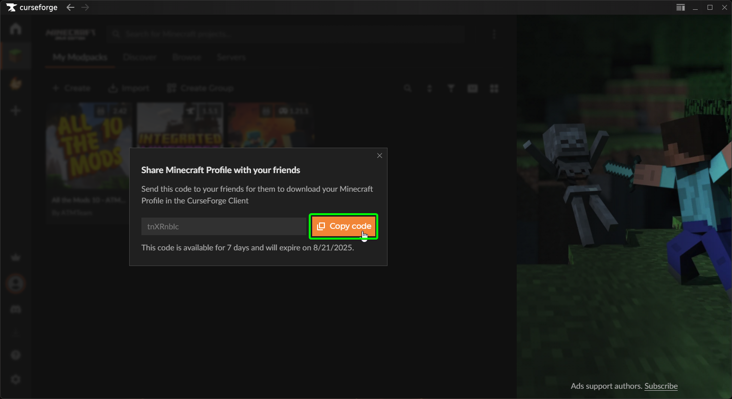 CreeperPanel CurseForge Profile Import
