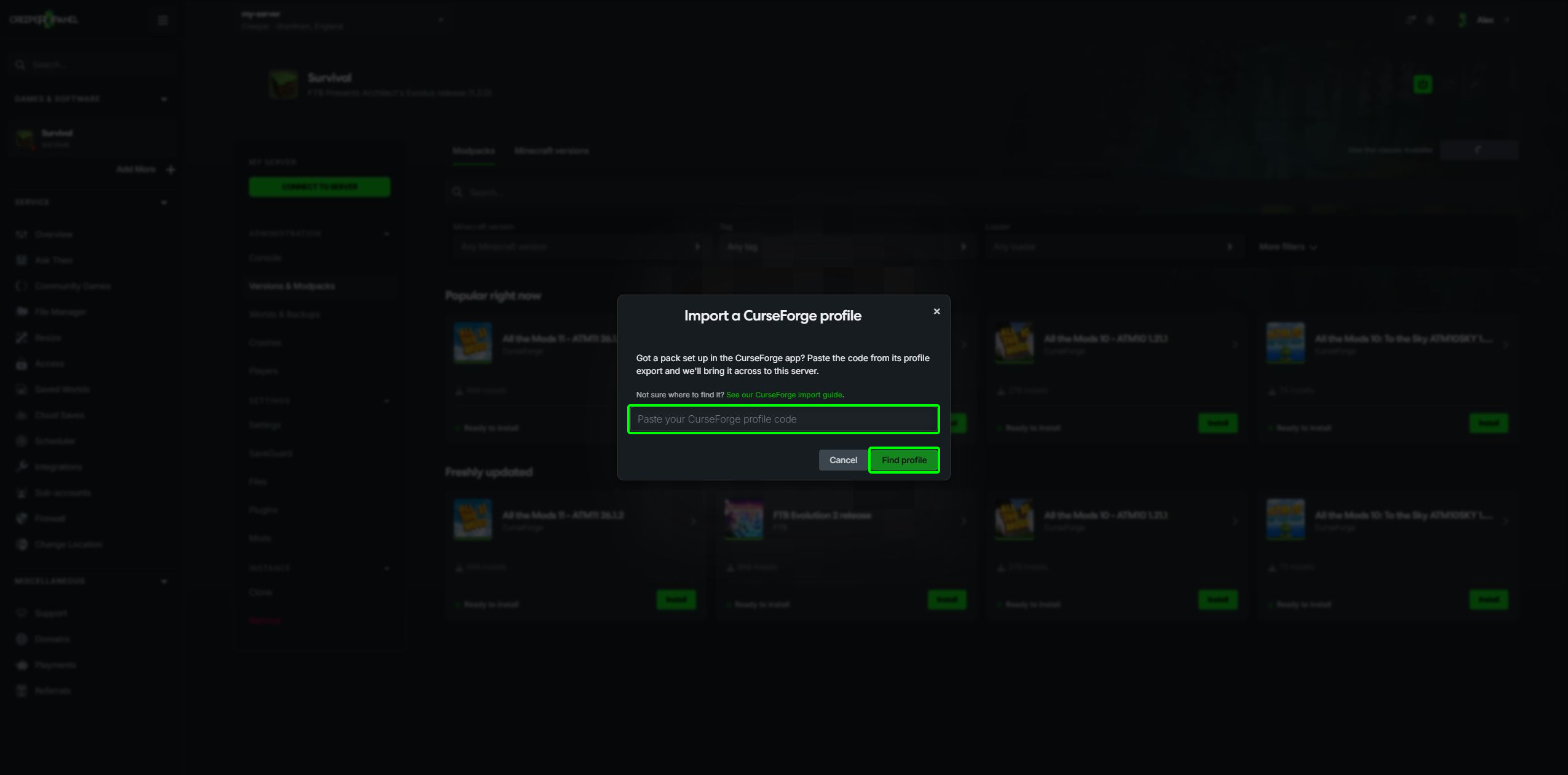 Paste a CurseForge profile code