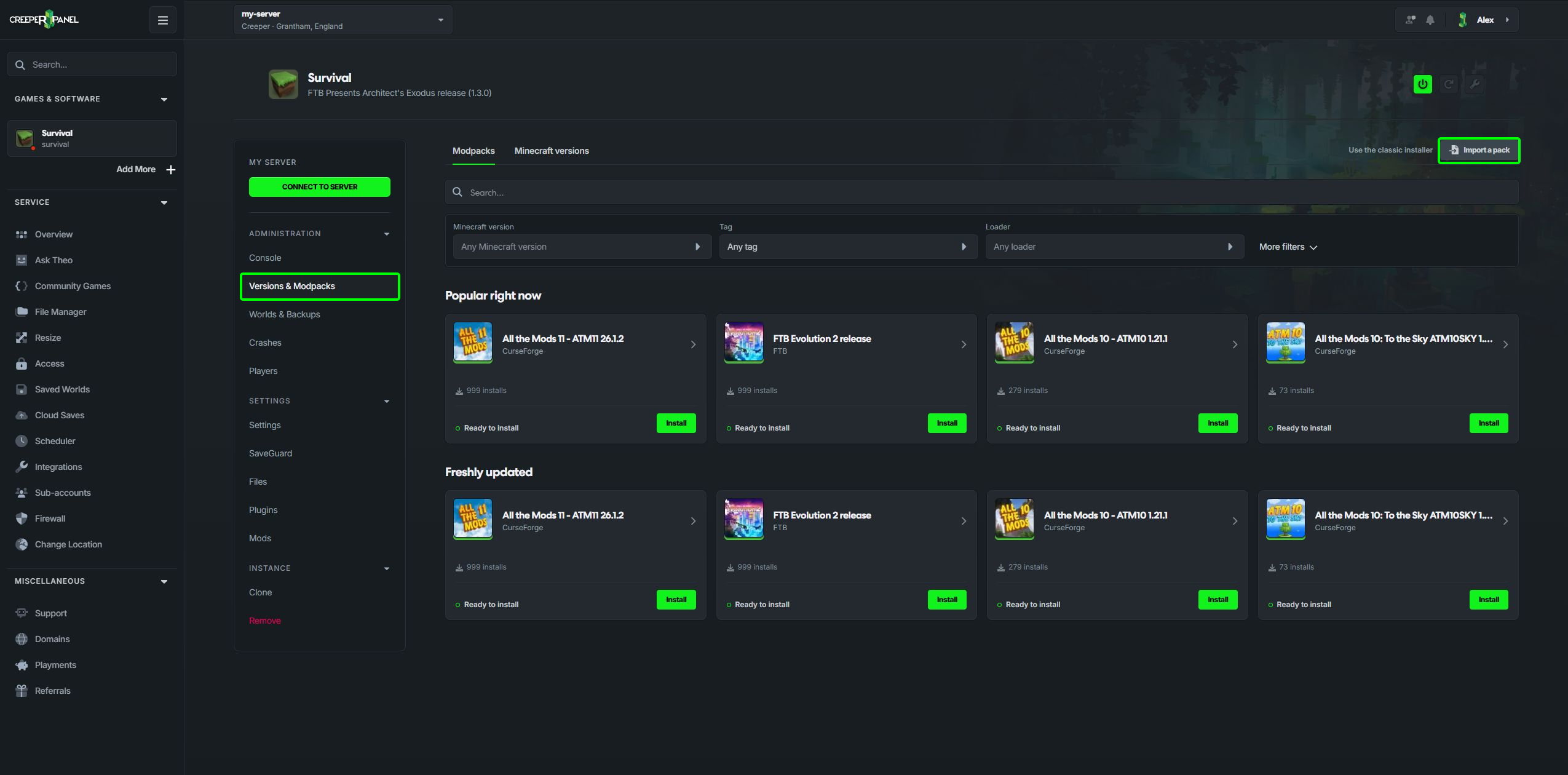 Versions & Modpacks and Import a pack