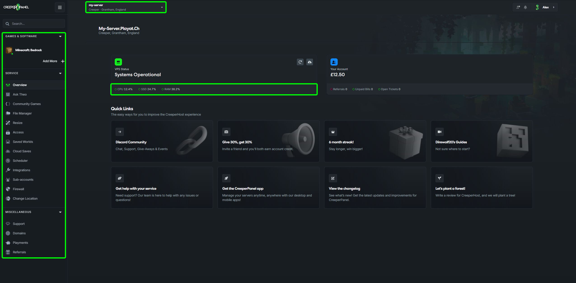 CreeperPanel navigation and Overview