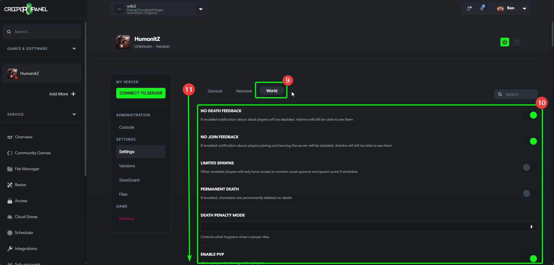 CreeperPanel HumanitZ Settings