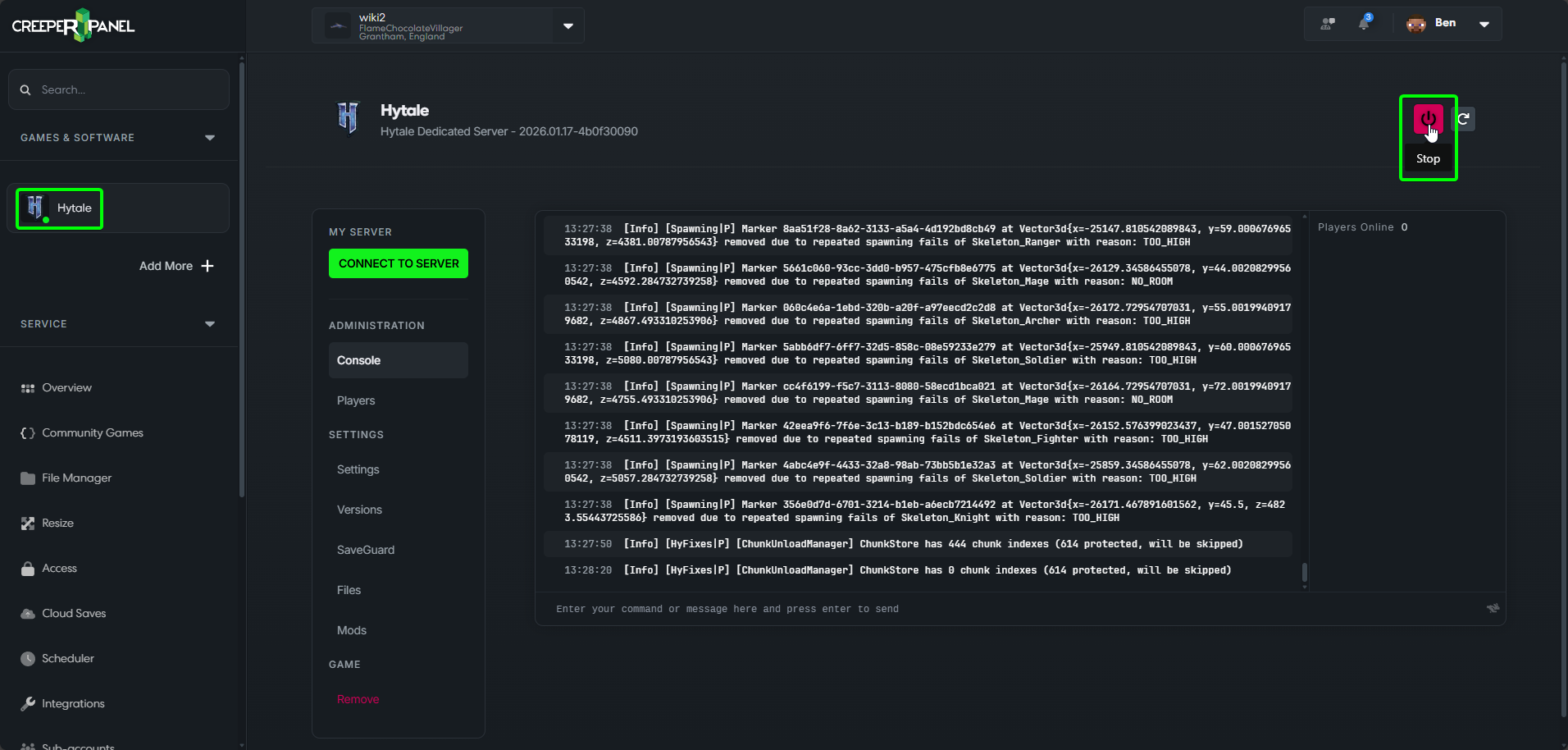 CreeperPanel Hytale Manage