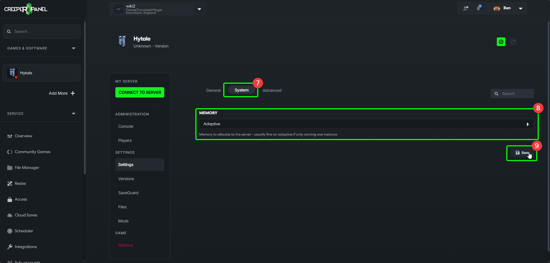 CreeperPanel Hytale Settings
