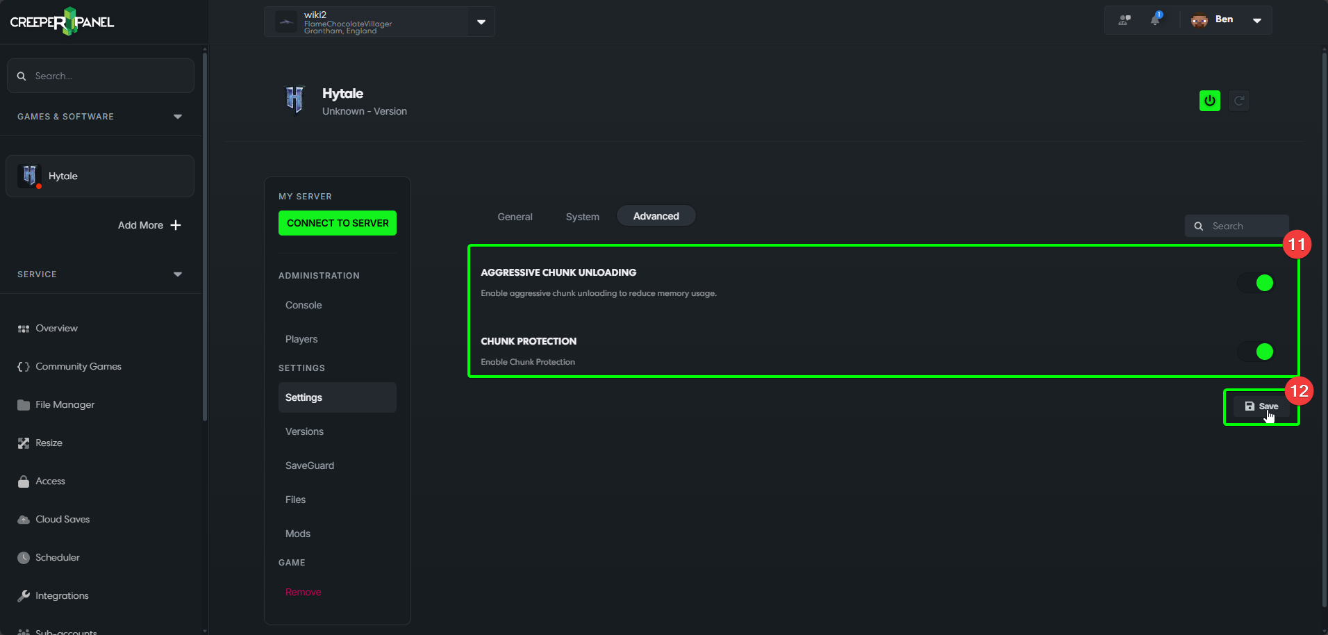 CreeperPanel Hytale Settings