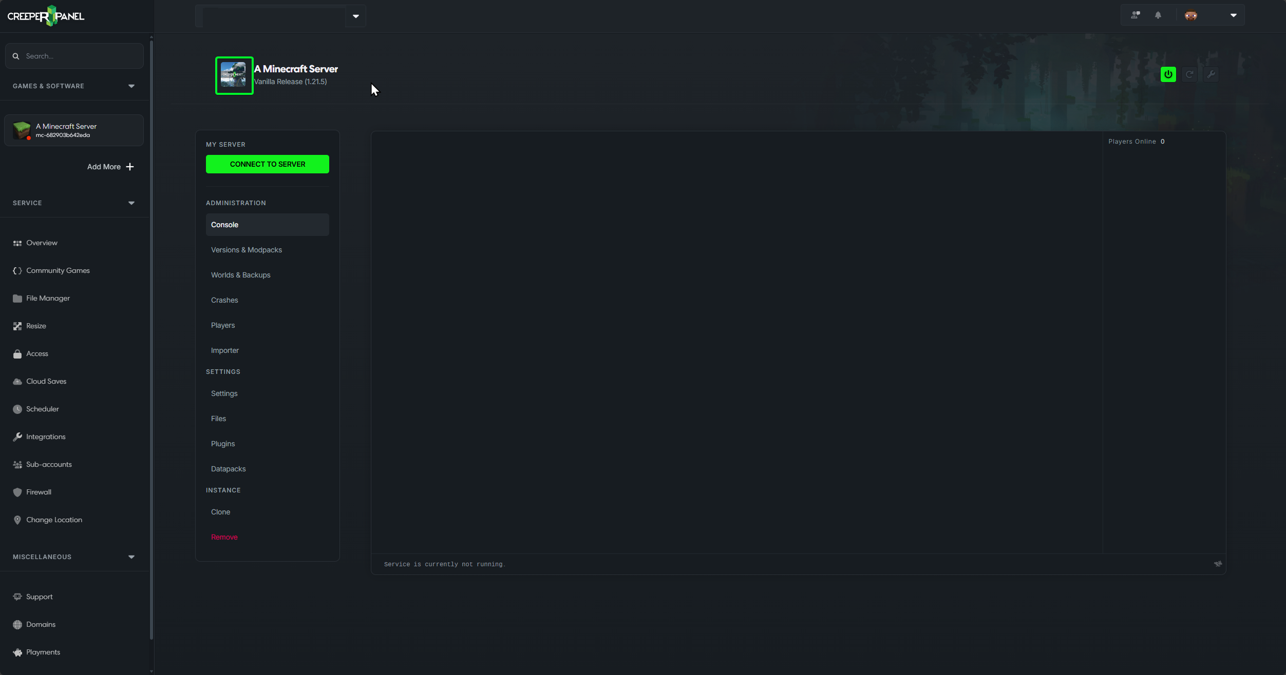 Server icon placeholder next to instance and modpack name