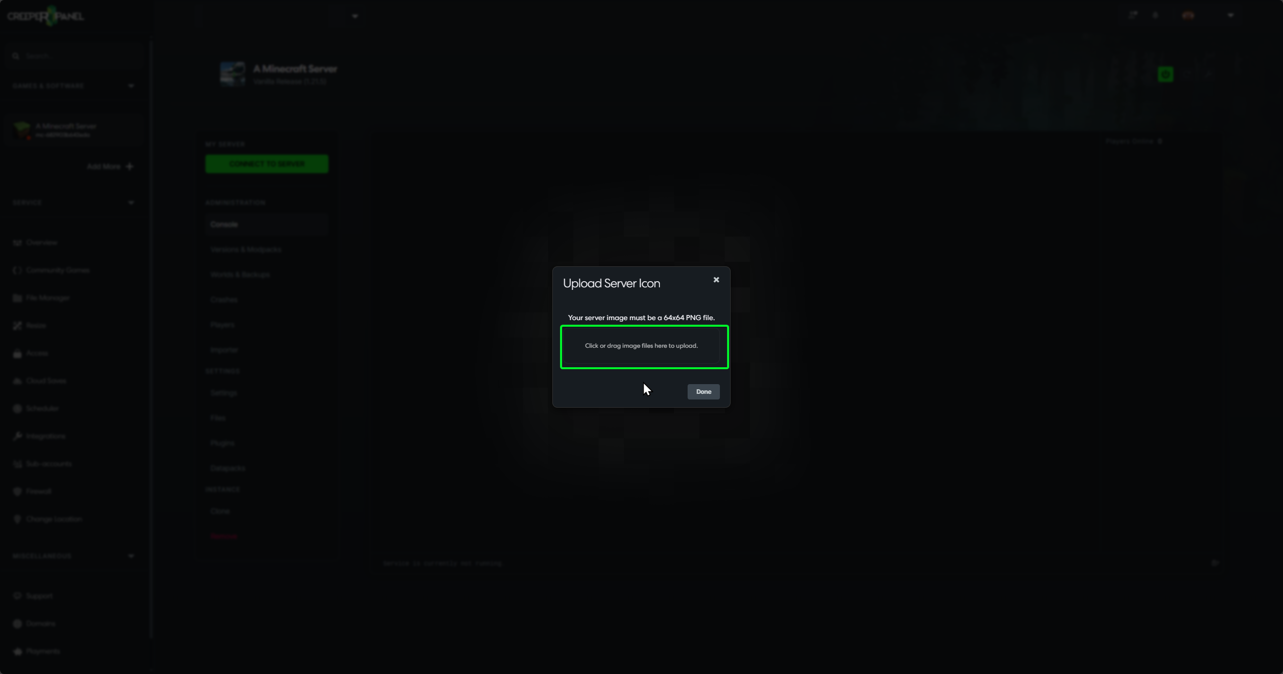 Server icon upload dialog highlighting the drop area