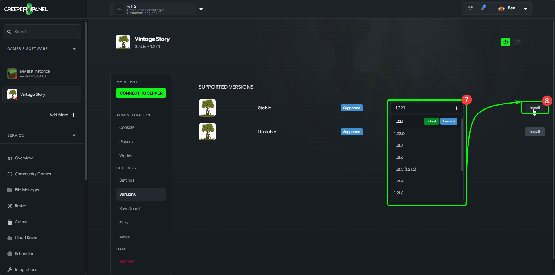 CreeperPanel Install Additional Software Select Version