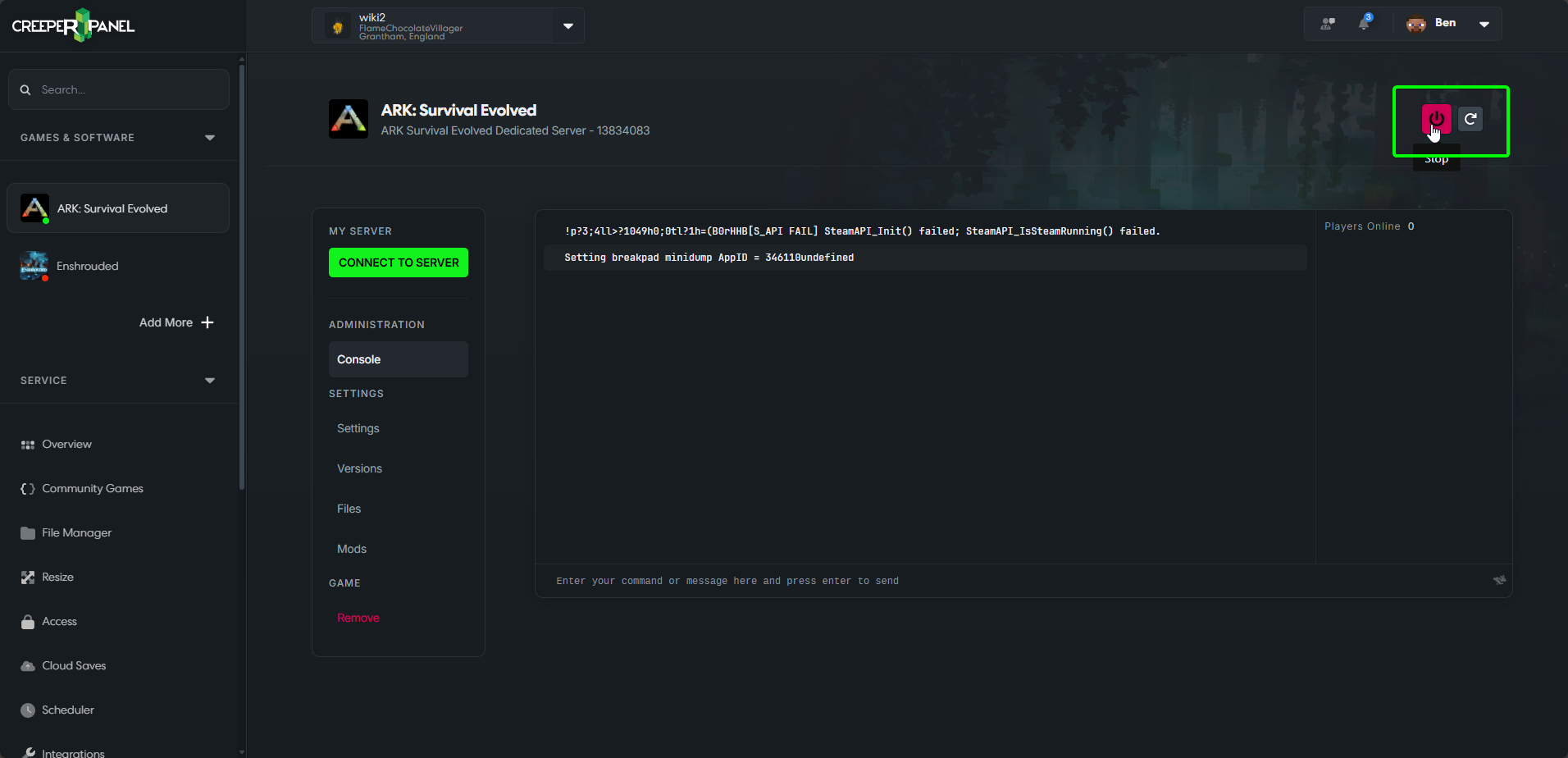 CreeperPanel Ark SE Console