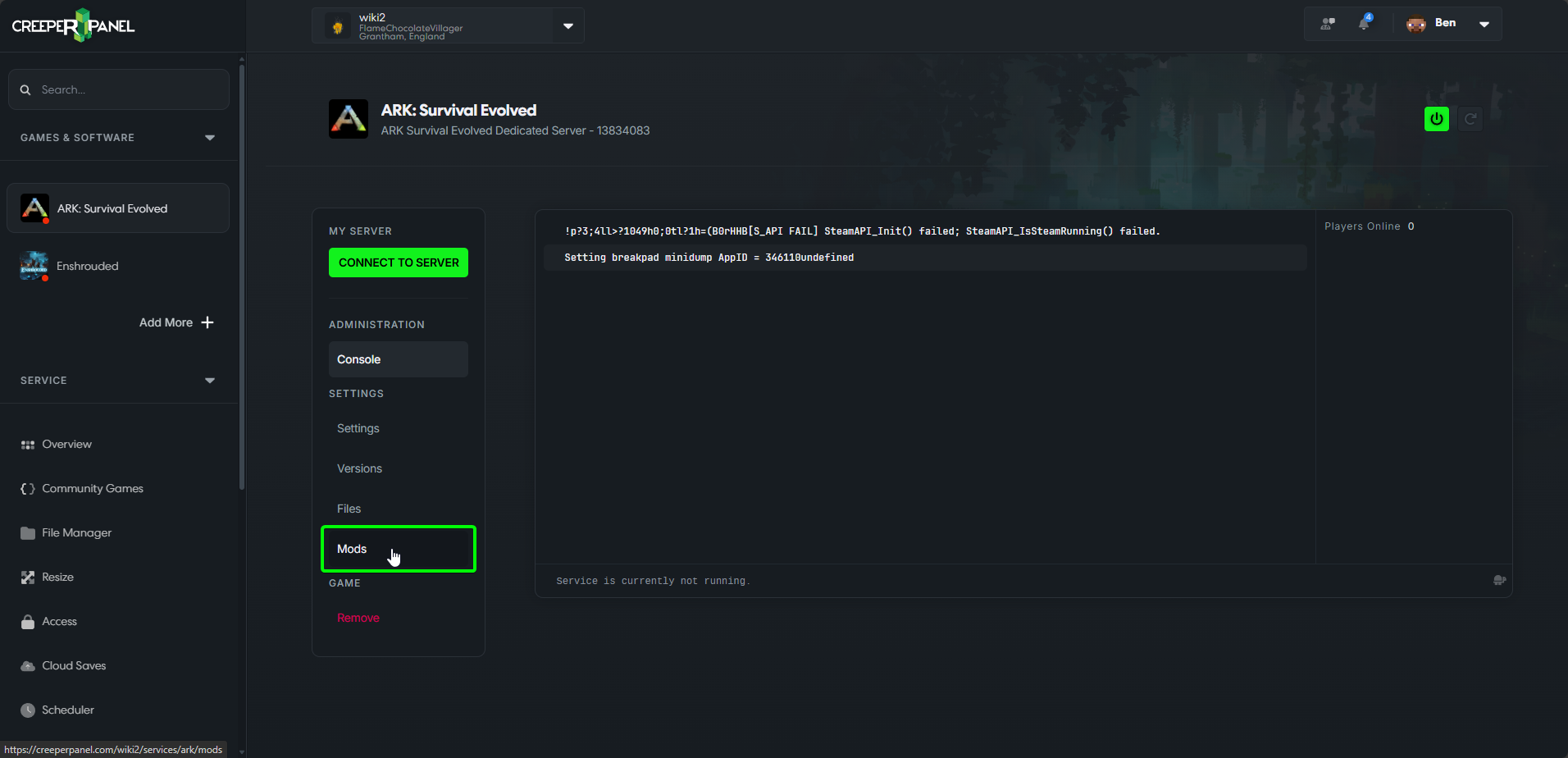CreeperPanel Ark SE Console