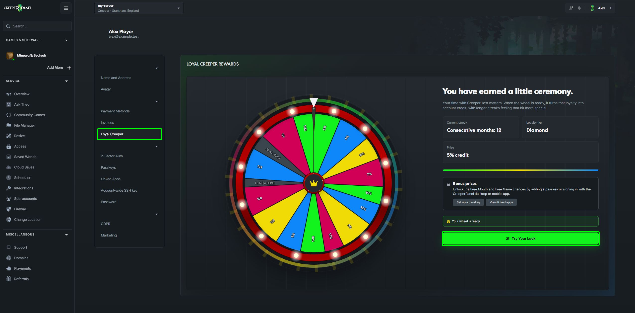 Loyal Creeper wheel and bonus prizes