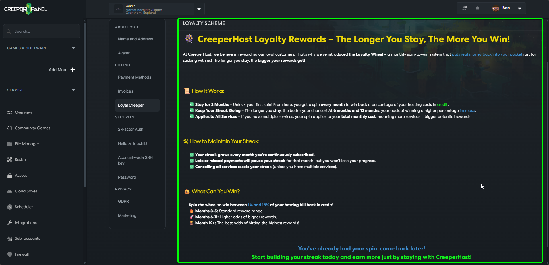 CreeperPanel Loyalty Scheme