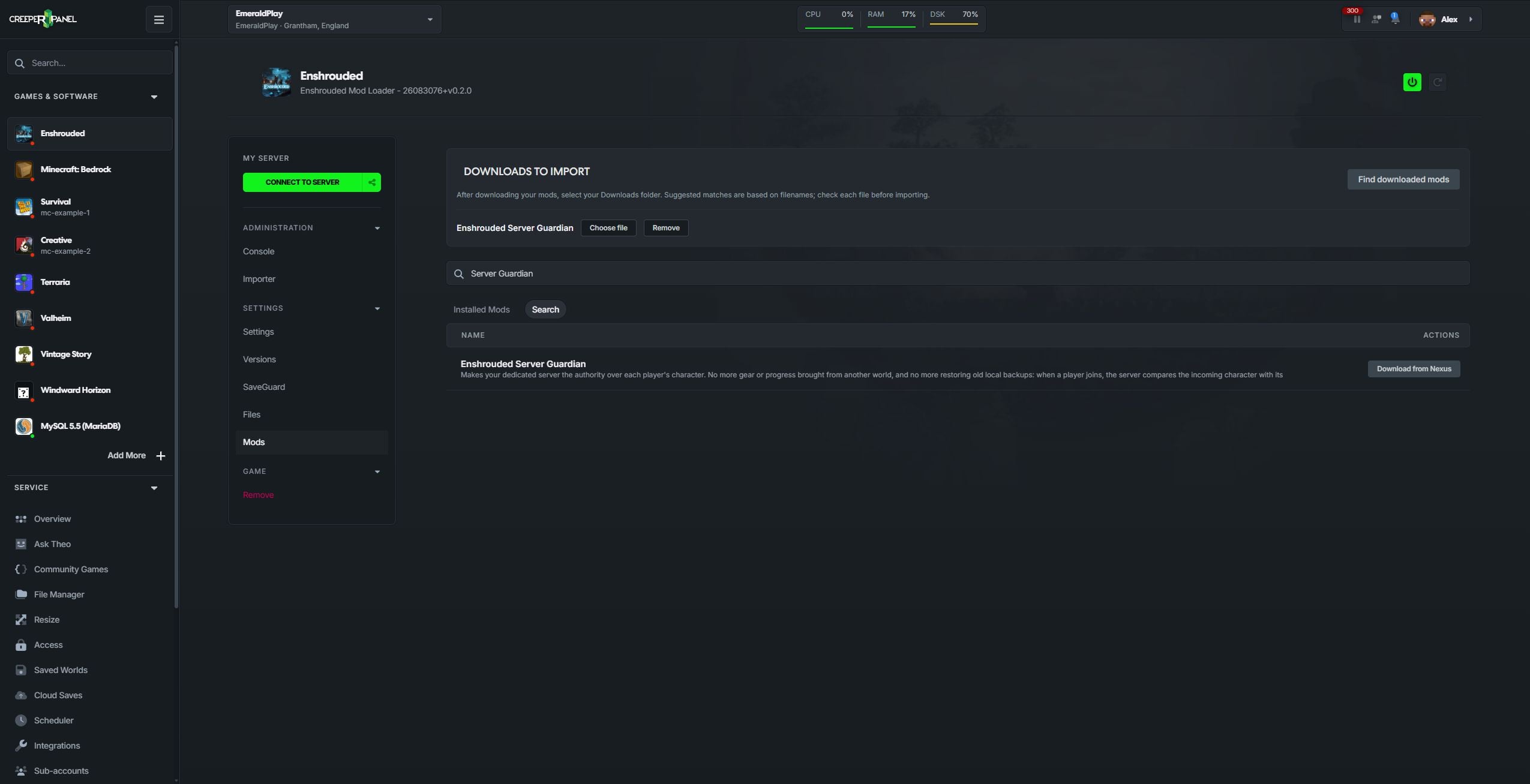 Downloads to import queue showing Find downloaded mods and Choose file for Enshrouded Server Guardian