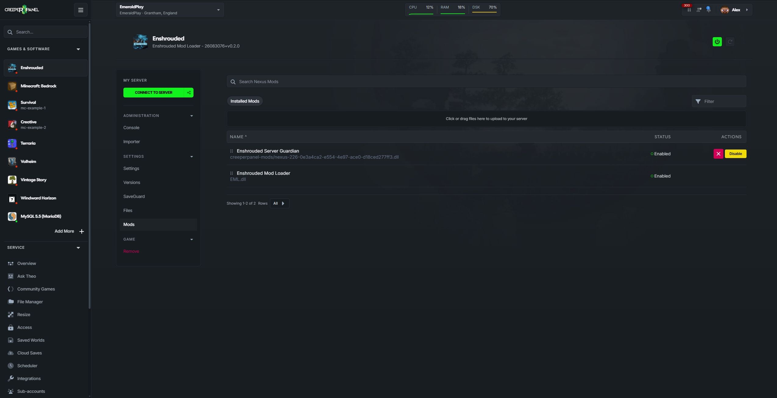 Installed mods showing Enshrouded Server Guardian enabled, its delete and Disable controls, and the protected Enshrouded Mod Loader entry