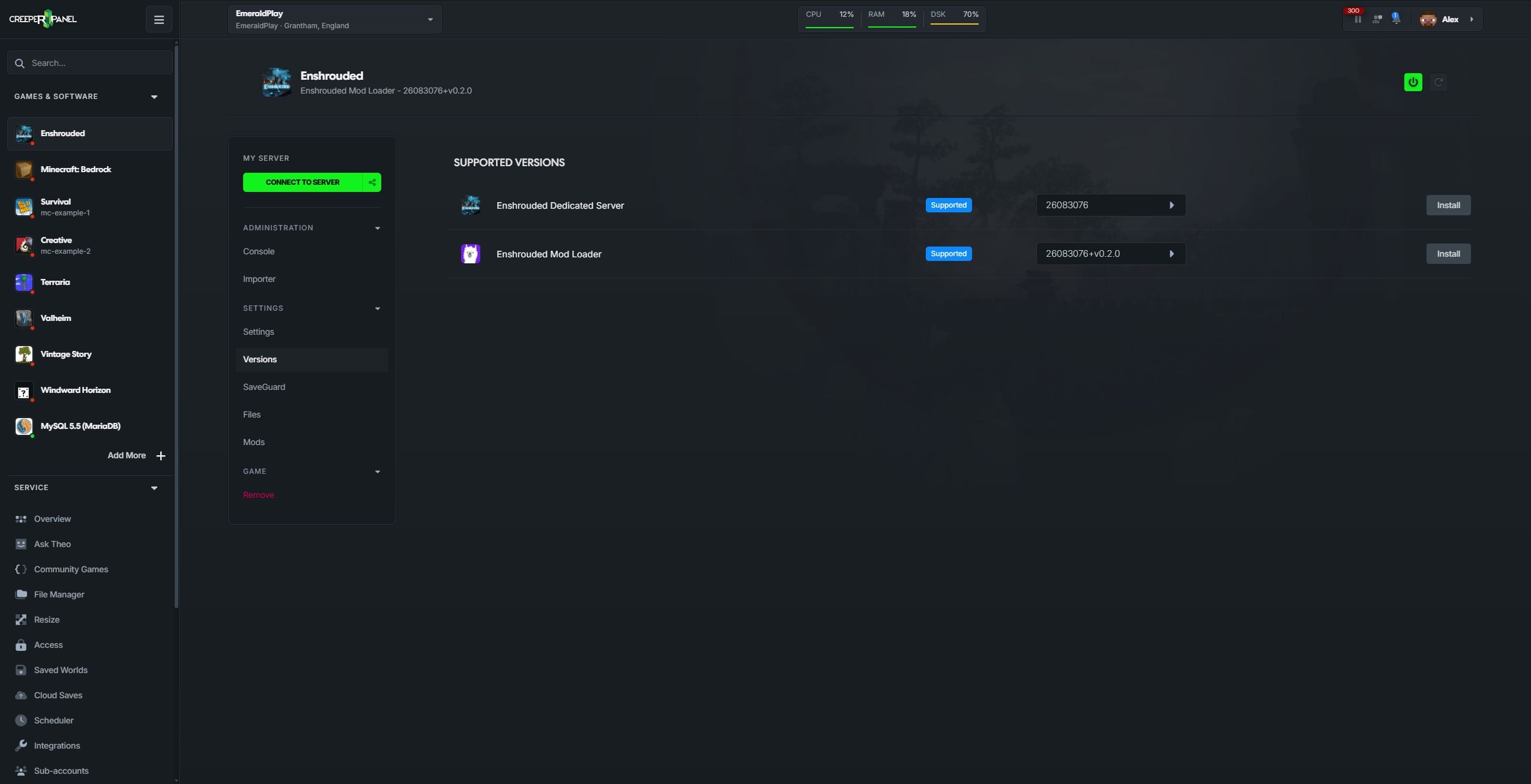 Enshrouded Versions page with separate Dedicated Server and Enshrouded Mod Loader installation options
