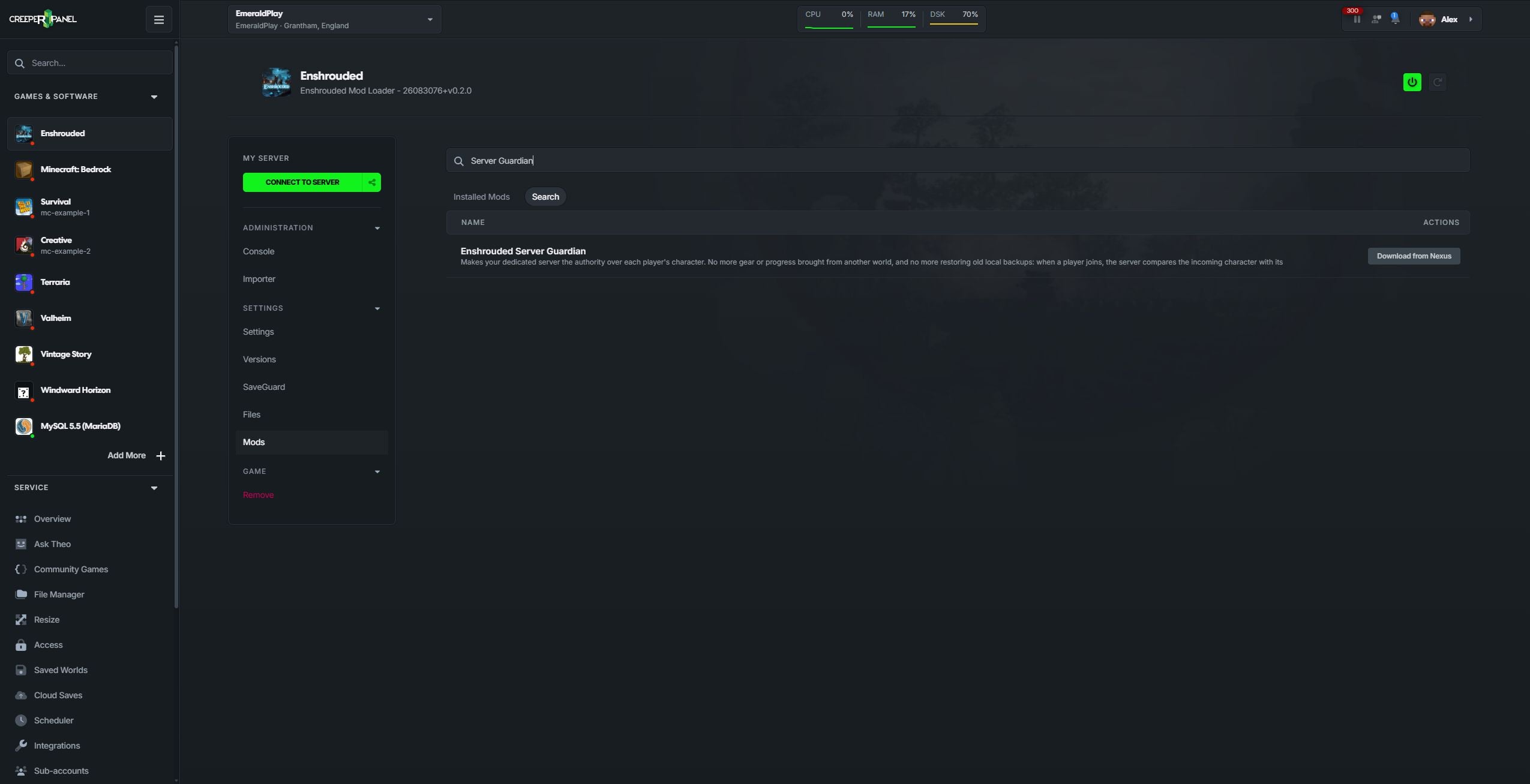 Nexus Mods search results for Enshrouded Server Guardian with the Download from Nexus button