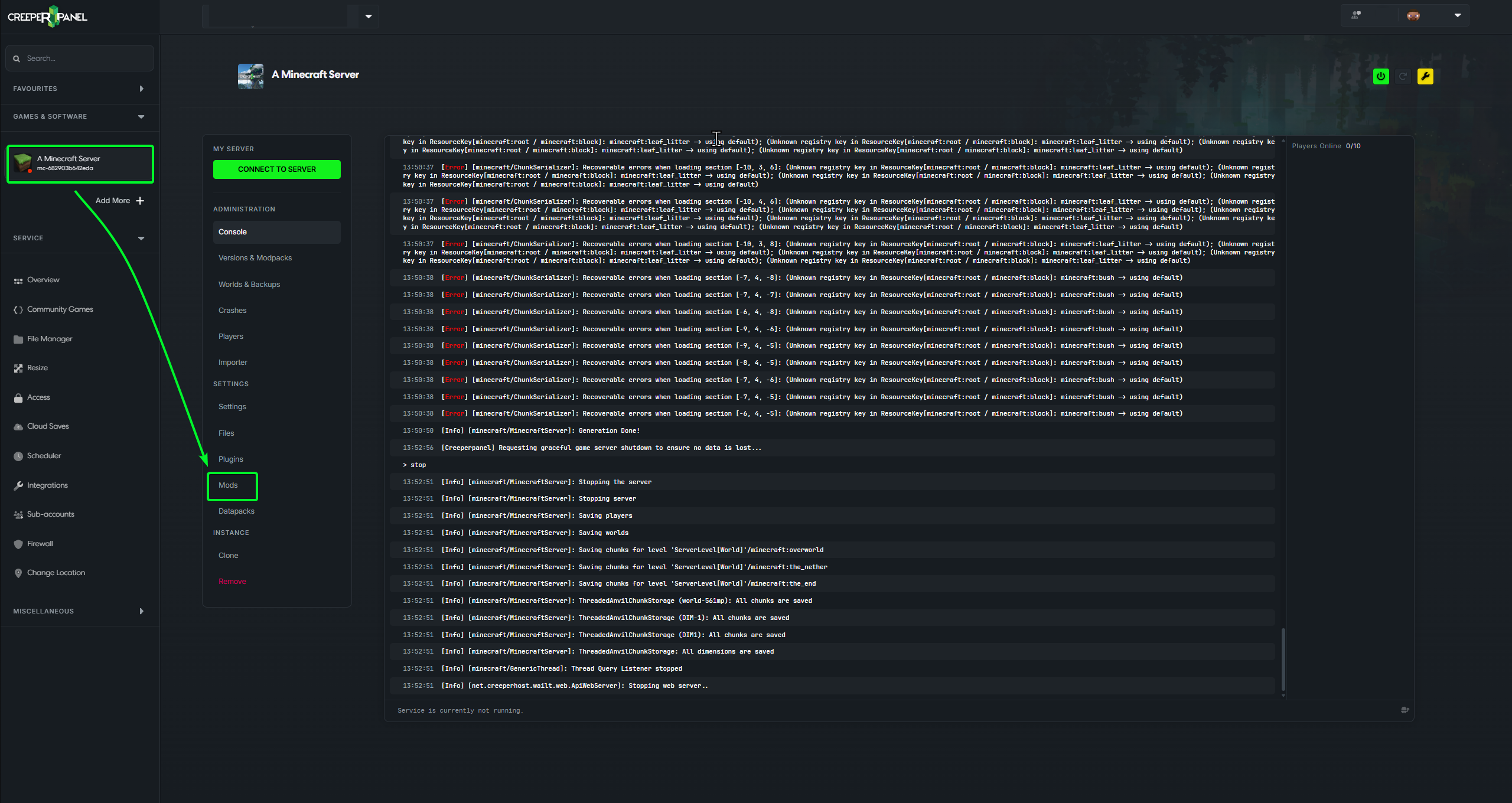 Mods section in the instance navigation menu