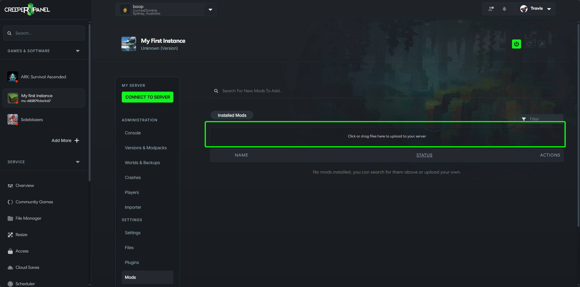 File upload area for dragging and dropping mod files