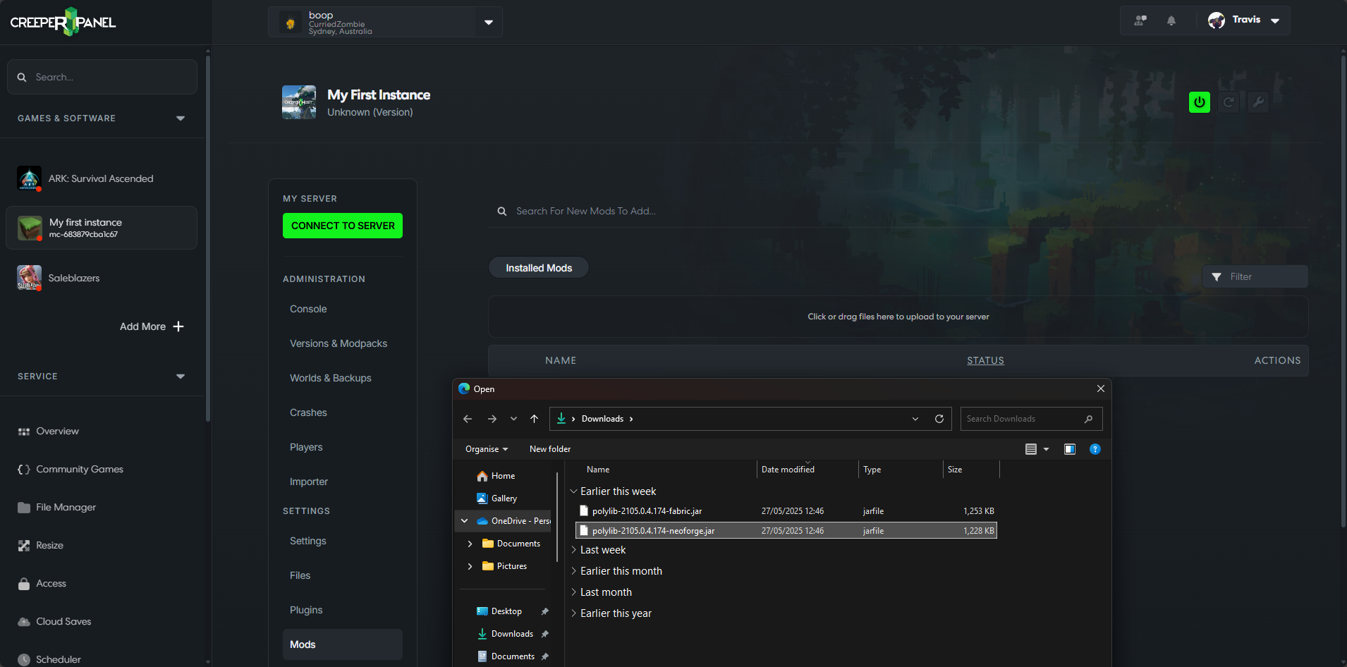 File selection dialog showing mod files to upload
