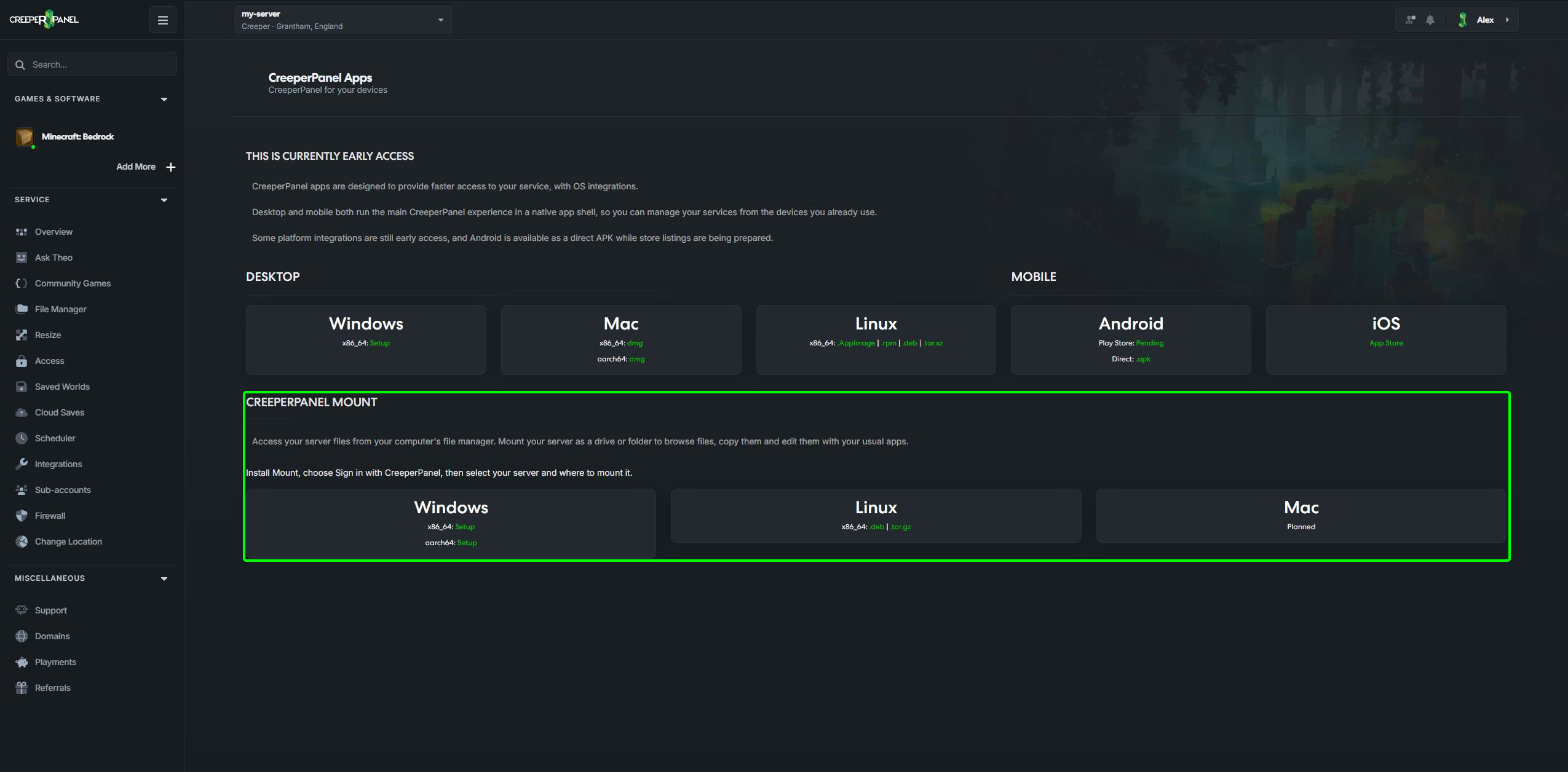 CreeperPanel Mount downloads for Windows and Linux