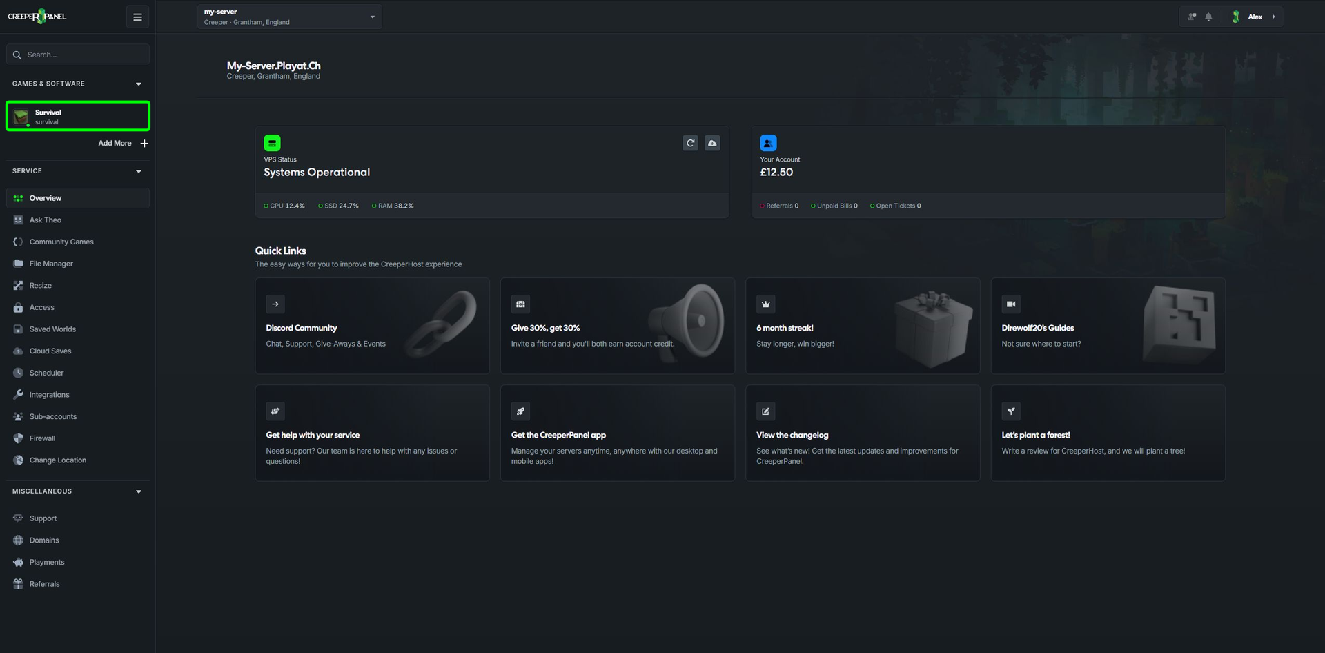 Instance management menu showing the server options