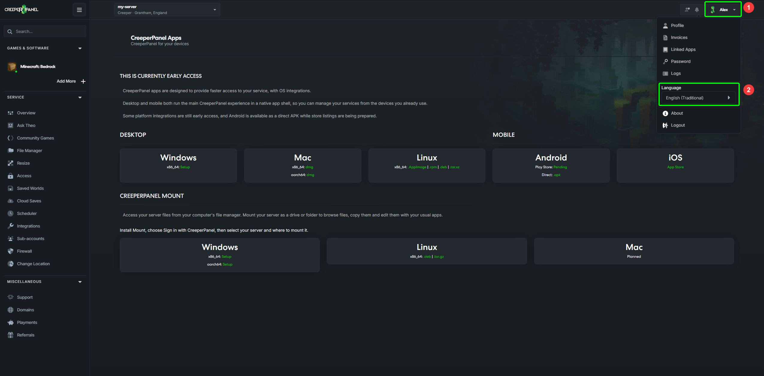 Language selector in the CreeperPanel account menu