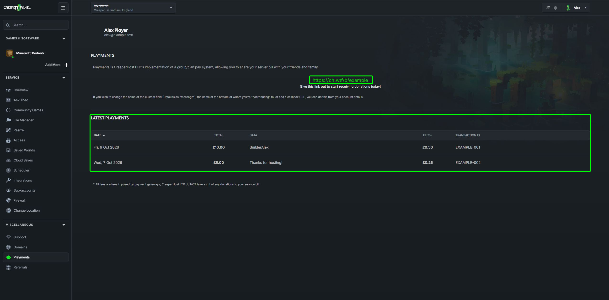 Your Playments link and contribution history