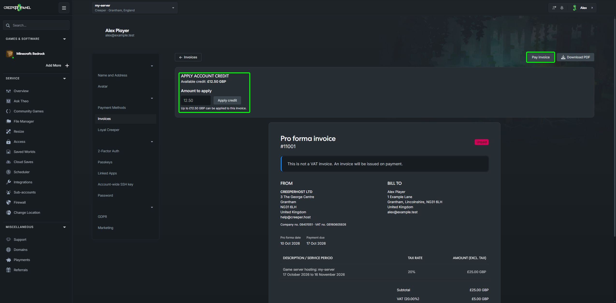 Invoice details, available account credit and Pay invoice