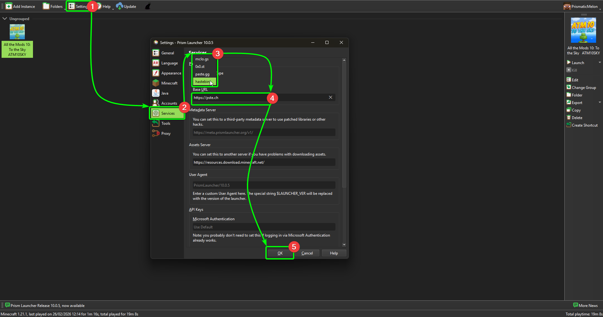 Prism Launcher Configure Log Settings