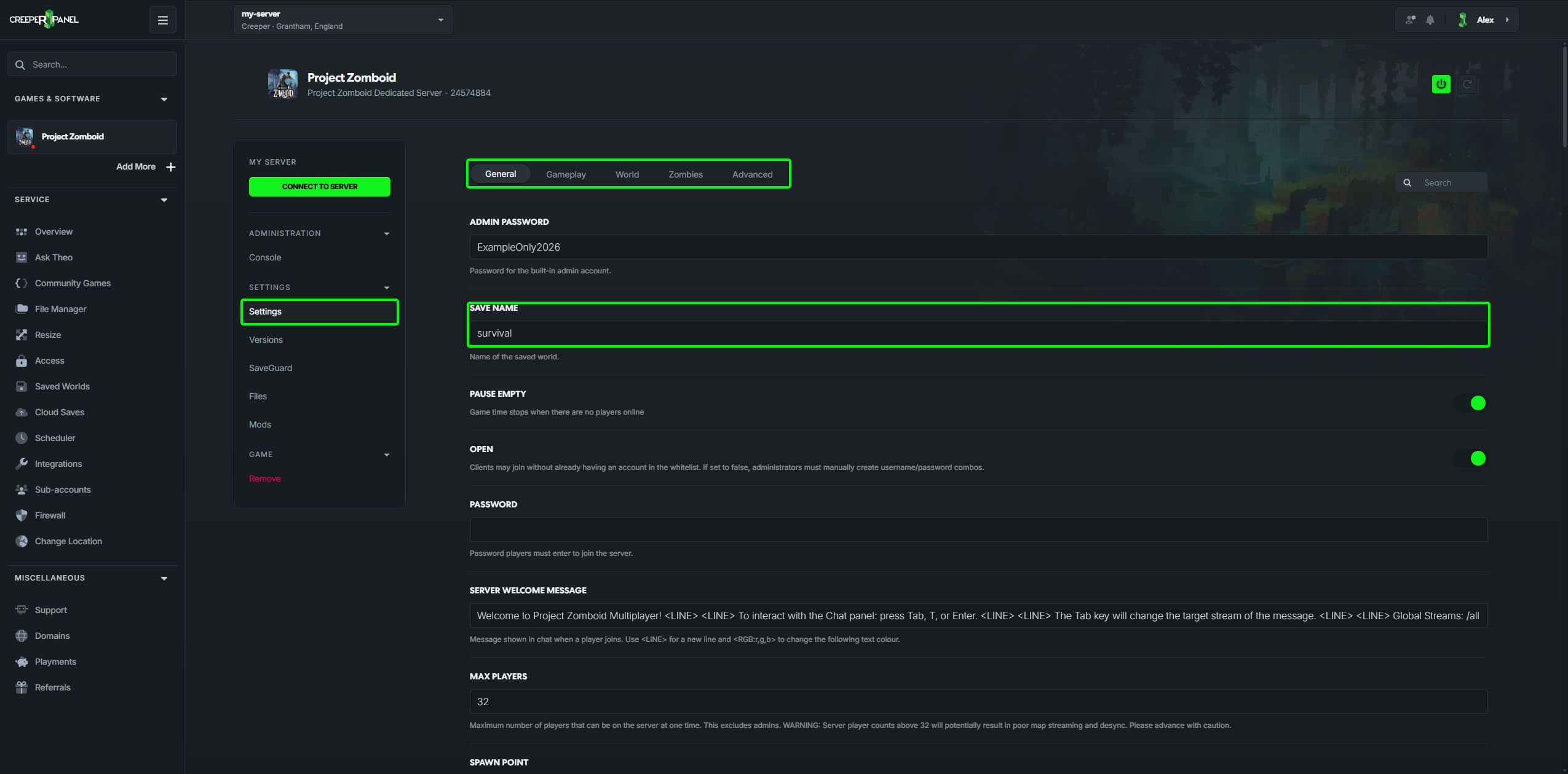 Project Zomboid General settings and Save Name