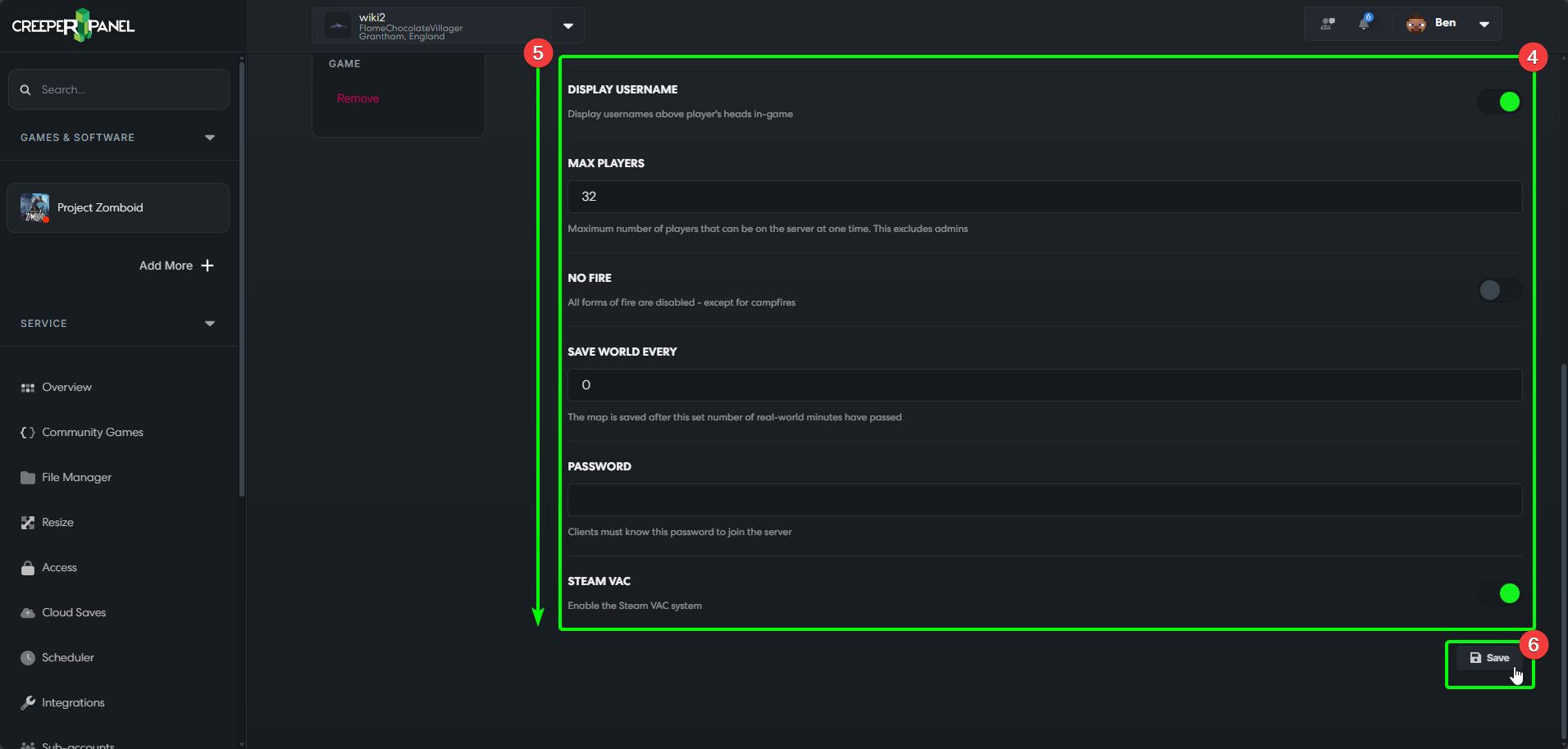 CreeperPanel ProjectZomboid Settings