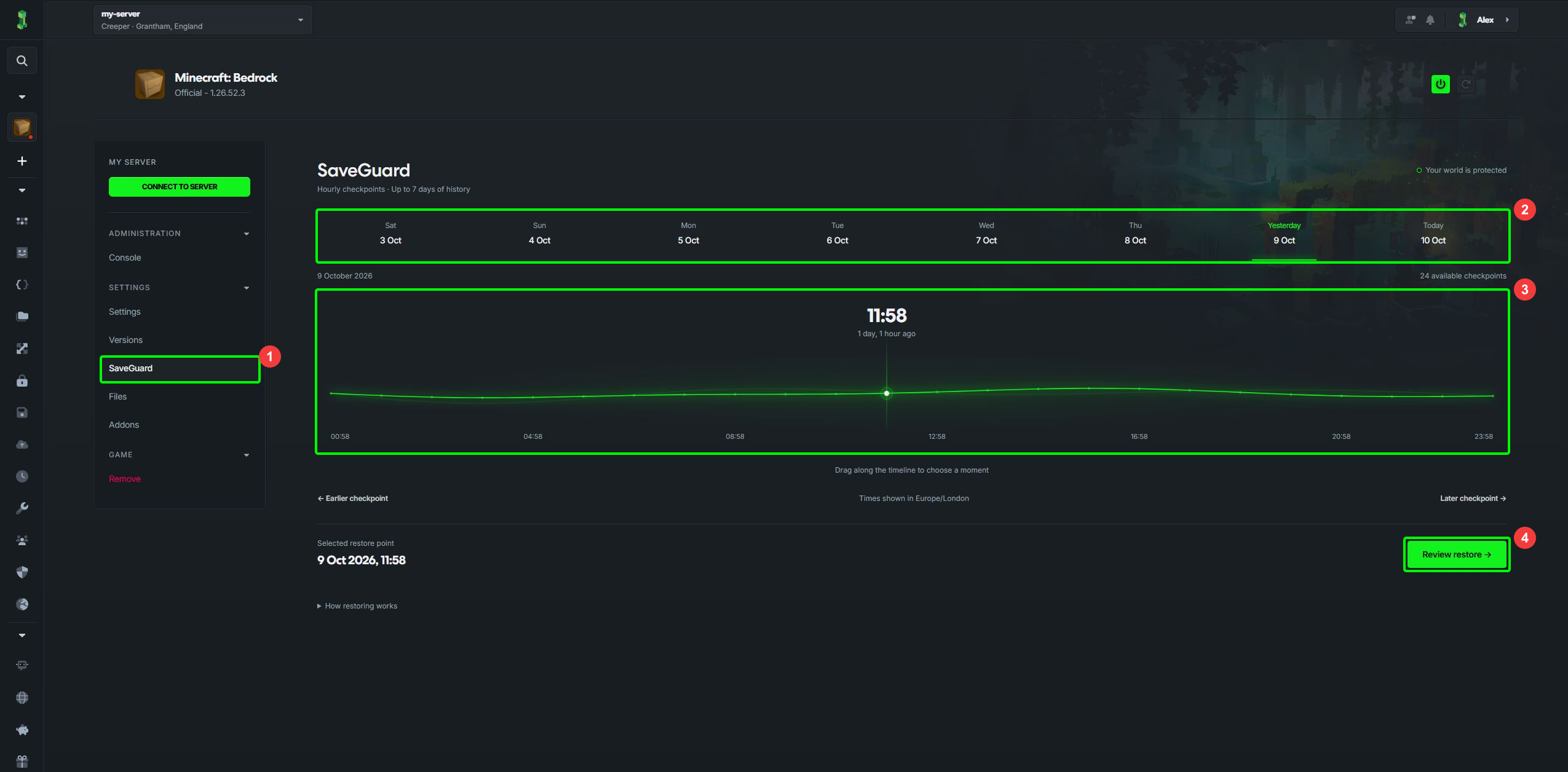 SaveGuard with compact navigation, the day chooser, checkpoint timeline and Review restore highlighted