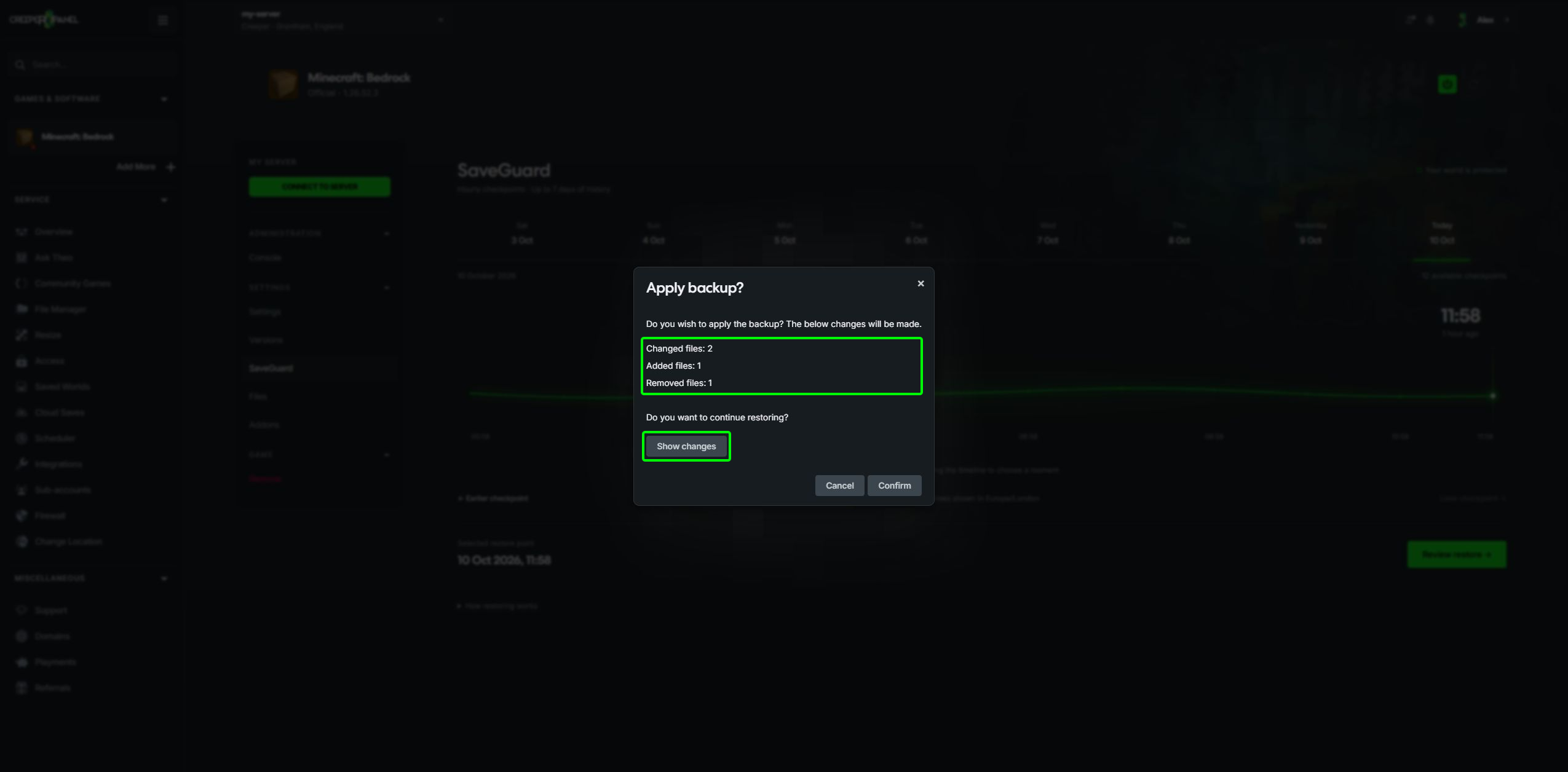 SaveGuard restore review showing the file counts and Show changes control