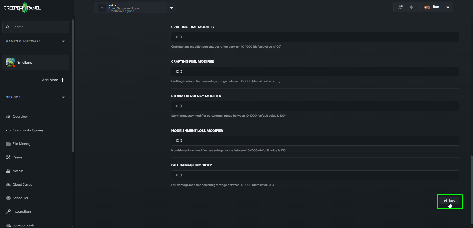 CreeperPanel Smalland Configure