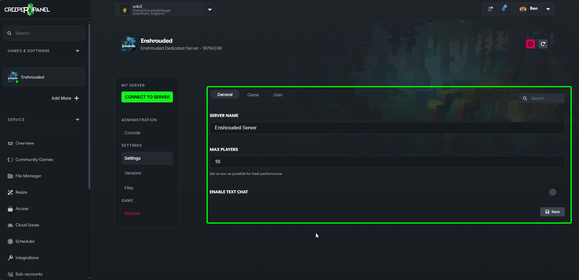 CreeperPanel Enshrouded Settings General